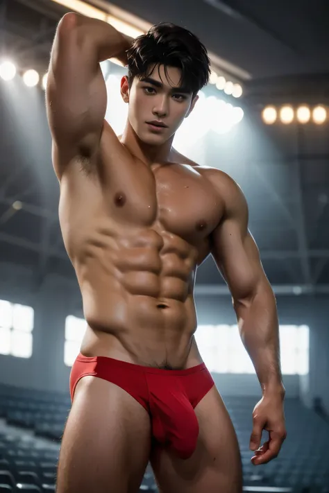 Football stadium, outdoors, wearing dirty red thong, Sweat dripping all over the body, sweat covering all over the body, amazing football stadium background, Full body photo, wearing Very thin thong, Proudly showing off his sweaty very hairy armpits to aud...