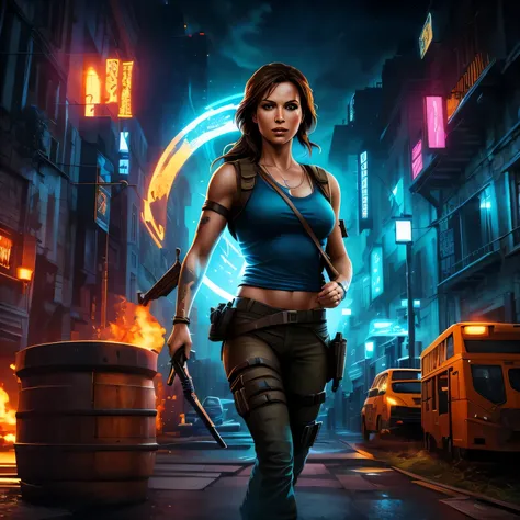 Logotipo da camiseta, splendid pintura, Lara Croft, Tomb Raider lindo, cabelo desgrenhado, epic digital art illustration, Arte digital detalhada em 4k, high definition art, arte digital de videogame, Corpo todo, blusa azul, mochila, fundo de arte, an ultra...