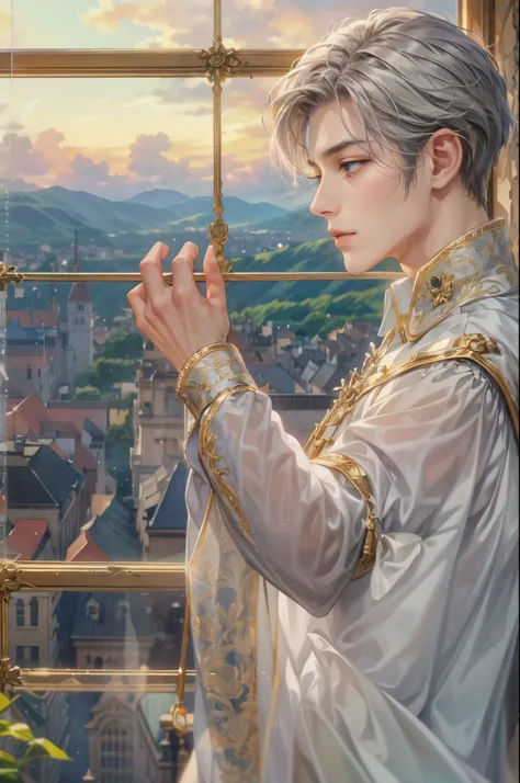 ((best quality)), ((masterpiece)), (detailed), ((perfect face)), ((halfbody)) "captivate the view: a handsome prince reflecting ...