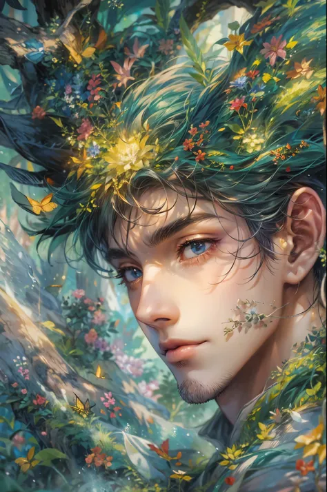 ((Best quality)), ((masterpiece)), (detailed), ((perfect face)), ((halfbody)) Amidst a tranquil slumps, a handsome young character from saga frontier 2, resides in a cozy home, where he channels his creative energy into capturing the enchanting harmony bet...