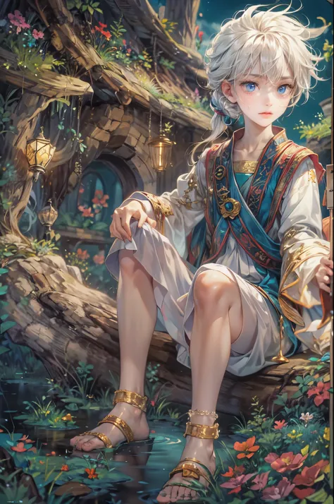 ((Best quality)), ((masterpiece)), (detailed), ((perfect face)), ((halfbody)) Amidst a tranquil slumps, a handsome young character from saga frontier 2, resides in a cozy home, where he channels his creative energy into capturing the enchanting harmony bet...