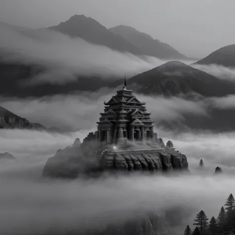 Generates an image of an ancient temple located on top of a mountain, surrounded by a mysterious fog that adds an air of intrigue and wonder to the landscape. Enfoca el templo en el centro de la imagen, resaltando su majestuosidad y el entorno natural circ...