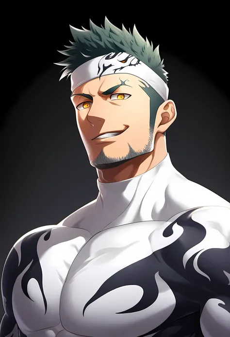 anime characters：Priapus in Venom Tights, black sports headband, 1个年轻的muscular man, male focus, buzz clip, White Venom Skinny Suit, venom logo, muscular man, extra large breasts, only, Upper body, alone, short yellow hair, stubble, yellow eyes, blink, Whit...