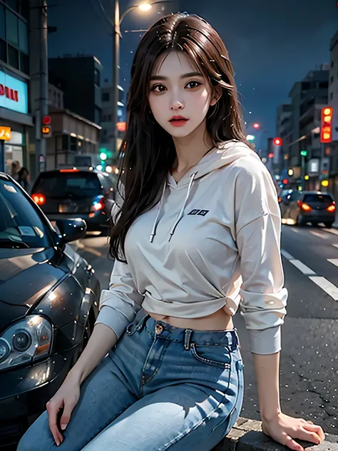 best quality, masterpiece, ultra-detailed, intricate details, 1girl, photo-realistic, Brown hair, watching at viewers, white jeans, Black hoodie, white shirt, long hair, outdoors, sitting, car, road sign, city, Beautiful Women, TOKYO of cyberpunk, 2080s, n...