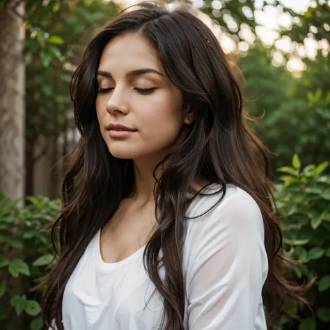 Side view, gros plan, de, a, femme, Looking to the right, head tilted slightly upwards, elle regarde le ciel, eyes closed, with long dark hair and a white top. dark brown hair, dark hair, dark brown hair, couleur de cheveux chocolat noir, extra-dark natura...