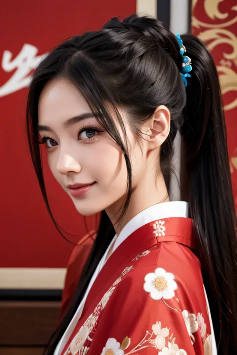 Beautiful Japanese women depicted in the highest quality manga。Her eyes are expressive、Have a perfect face。She has the charm of a cute anime character.、Wearing a beautiful Japanese kimono。The kimono has a dragon embroidered on it..、Features black and red c...