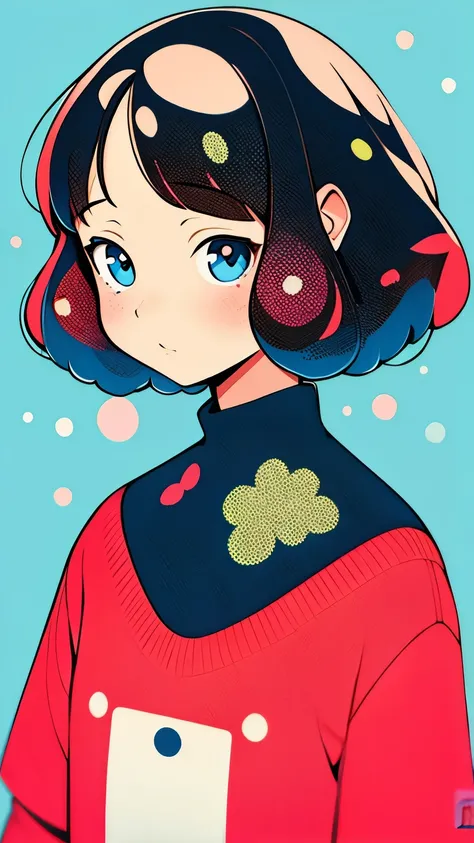 (masterpiece, best quality:1.2),illustration art，Kusama Yayois style，simple background，a beautiful girl，Skin detail processing，The eyes are very detailed，sweater，(((Speckled pattern)))，blue，White，，black