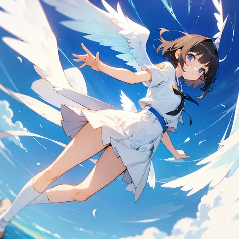 Two-dimensional beautiful girl，white socks，short skirt，white wings。