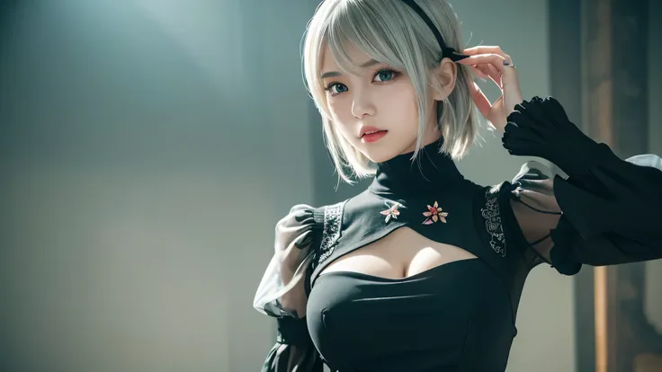 realistic, photorealistic, 1 girl, YoRHa type B, chest, cleavage, cleavage cutout, cleavage　translucent embroidery、black costume、clothing clippings, green background, hair between eyes, hair band, High resolution, juliet sleeves, long sleeve, NieR (series)...