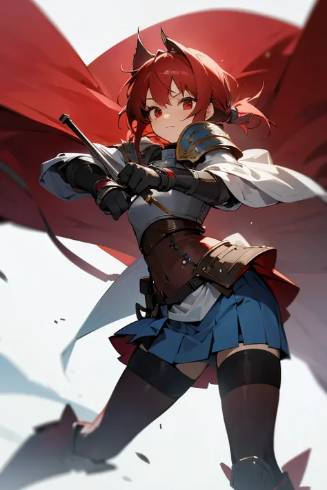 Cute girl, red hair tied, red eyes, silver knight armor, brown paws, short blue skirt 