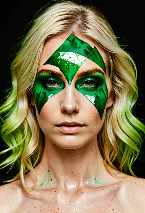 A blonde haired woman with a burnt face, a green triangle around her head, and green veins on her skin.
