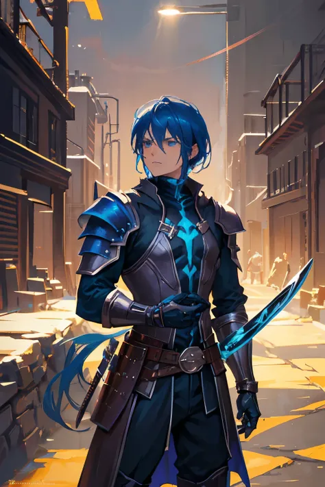 a man in a blue and black outfit holding a sword, d&d dark sun character art, concept art of a warrior, from pathfinder, thief warrior, character design from d & d, flowing robes and leather armor, blue armor, d&d character art, d & d character art, rpg ch...