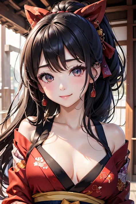 Beautiful Japanese women depicted in the highest quality manga。Her eyes are expressive、Have a perfect face。She has the charm of a cute anime character.、Wearing a beautiful Japanese kimono。The kimono has a dragon embroidered on it..、Features black and red c...