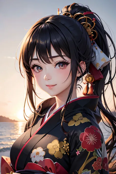 Beautiful Japanese women depicted in the highest quality manga。Her eyes are expressive、Have a perfect face。She has the charm of a cute anime character.、Wearing a beautiful Japanese kimono。The kimono has a dragon embroidered on it..、Features black and red c...