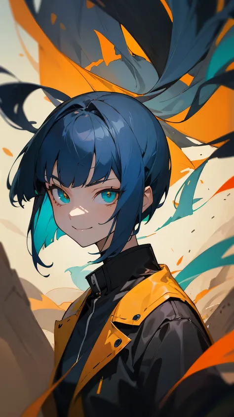 Portrait of one person、16 year old girl、riders jacket、dark blue hair、bob hair、green round eyes、evil smile、Blue and orange tones、anime painting