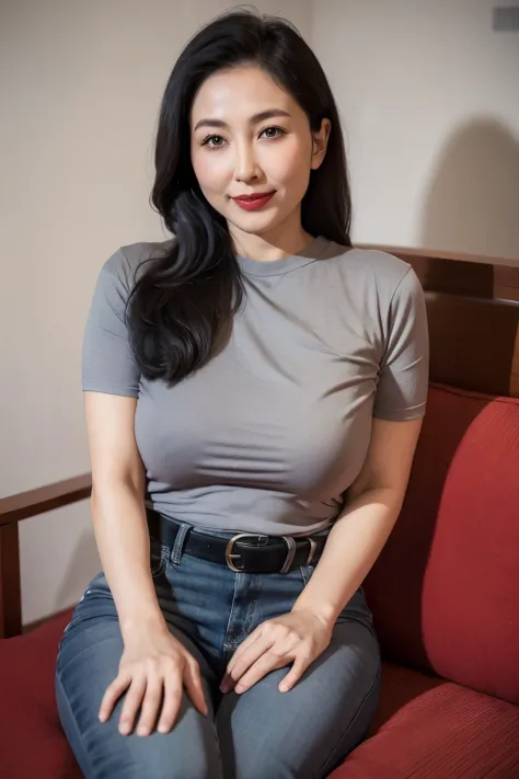 Draw lips correctly, red lipstick, from chest up, best quality, Super detailed, lifelike, Super fine skin, perfect anatomy, (1 日本Mature的女人), (alone)，Wear a gray shirt，short sleeves，blue jeans，black belt，wavy long hair，37-year-old female，Mature，charming smi...