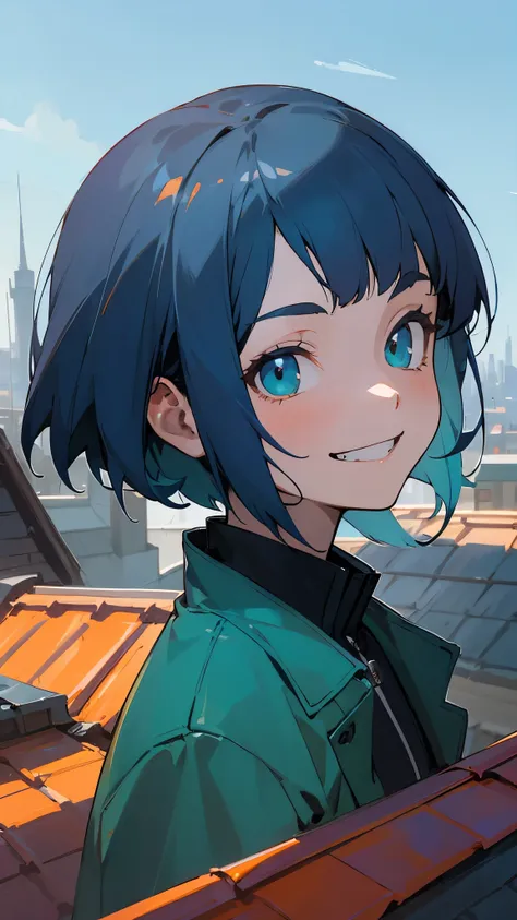 Portrait of one person、16 year old girl、riders jacket、dark blue hair、bob hair、green round eyes、evil smile、Blue and orange tones、anime painting、From the side、grin、building rooftop、blue sky、upper body close-up、sharp outline