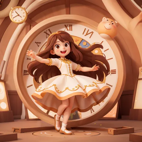 Girl with long brown hair，Put on wedding dress suit，in the time tunnel，colorful，Dance（with love）happy，surrounded by clocks，surrounded by love，O sign，vector，line art，design，inspiration，straight line，RHAD