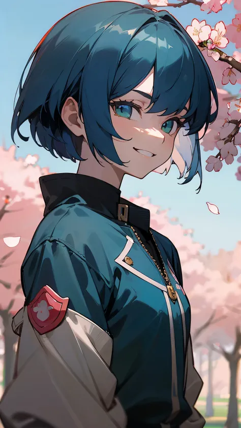 16 year old girl、riders jacket、dark blue hair、bob hair、green round eyes、evil smile、Blue and orange tones、anime painting、From the side、evil smile、Cherry blossom park、blue sky、upper body close-up、sharp outline