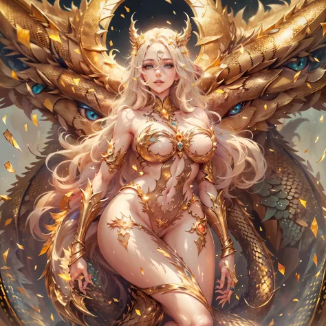 (best quality,4k,8k,highres,masterpiece:1.2), ultra-detailed, realistic, naked sexy dragon woman with gold glittering scales, skin is glittering golden scales, long wavy blonde hair, very playful but mischievous smile, huge tits, gigantic breasts, naked, n...