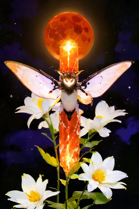 (red colored background), ring of fire, (white_flower) shiny, luminous_flower, moonshine, moonlight, lunar moth, sci-fi, fantasy...