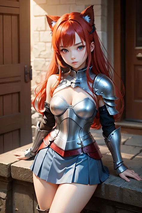 Cute girl, cold features, tied red hair, red eyes, wearing silver knight armor, brown paws, exposed shoulders, short blue skirt 