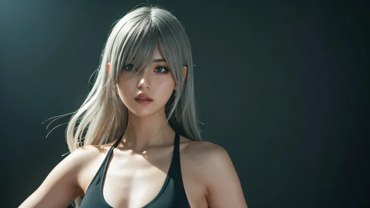 realistic, photorealistic, 1 person,girl, YoRHa、Type A、Number 2, Black Sport Bra、black costume、green background, hair between eyes, High resolution, NieR (series), NieR automata, red lips, face with shadow, long hair, alone,  Upper body, silver hair, blue ...