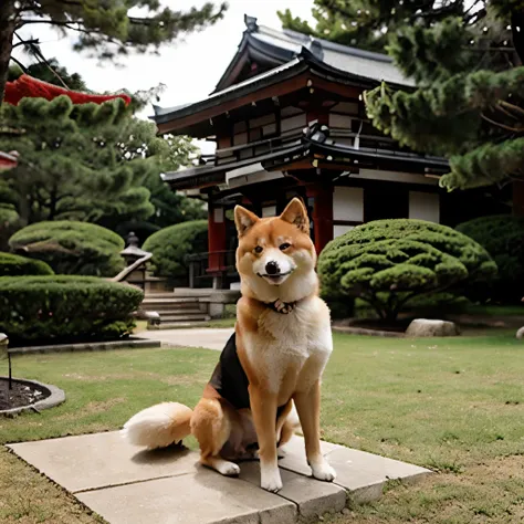 japanese dog　red shiba dog　Japanese wind garden　bushido　Shishiodoshi