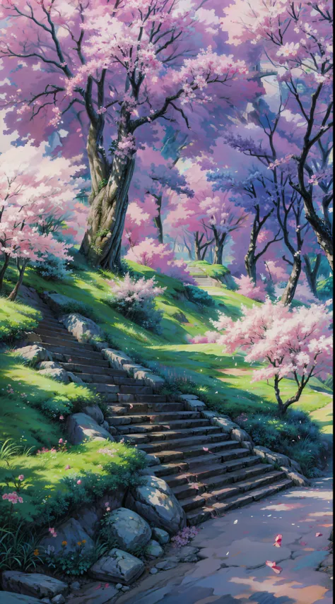 a painting of a stairs under a cherry blossom tree, anime scenery, anime scenery concept art, anime nature wallpap, anime beautiful peace scene, beautiful anime scenery, rio de janeiro in an anime film, anime nature, anime landscape, anime background art, ...