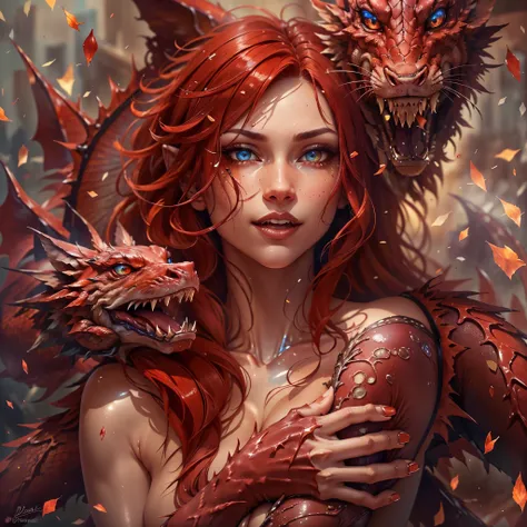 (best quality,4k,8k,highres,masterpiece:1.2), ultra-detailed, realistic, naked sexy dragon woman with red glittering scales, long fiery red hair, very playful but mischievous smile, naked, nude, detailed crotch, detailed vulva, detailed pussy, sexy pose, s...