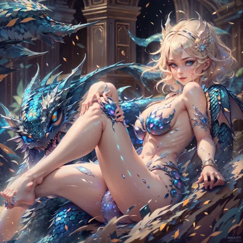 (best quality,4k,8k,highres,masterpiece:1.2), ultra-detailed, realistic, naked sexy dragon woman with blue glittering scales, skin is glittering sapphire blue scales, short blonde hair, very playful but mischievous smile, huge tits, gigantic breasts, naked...