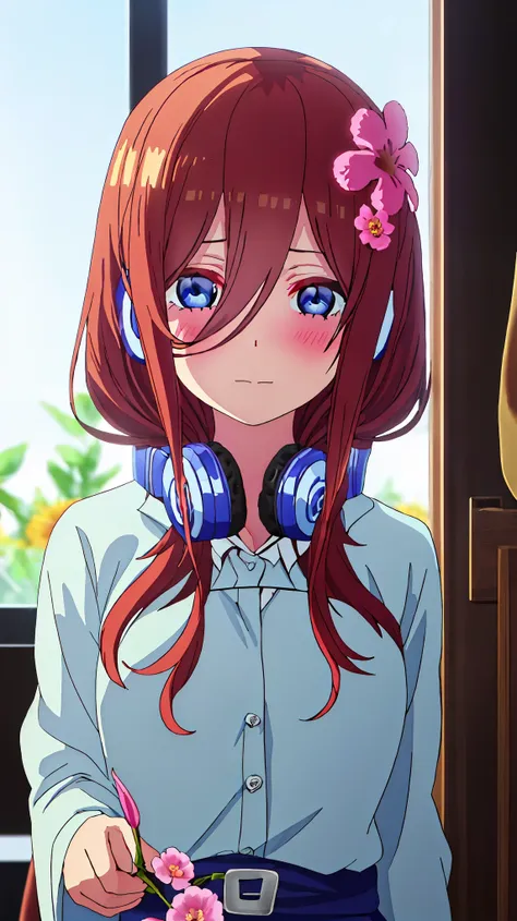 best quality, masterpiece, highres, solo, {nakano_miku_gotoubunnohanayome:1.15}, long_hair, brown_hair, bangs, hair_between_eyes, blue_eyes, headphones_around_neck, headphones, blush, closed_mouth, shiny_hair, 1girl, blurry, blurry_background, portrait, sh...