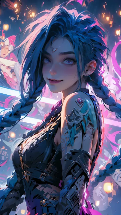 jinx, league of legends, completely nude, big , gorgeous body, crazed sexual look on her face.