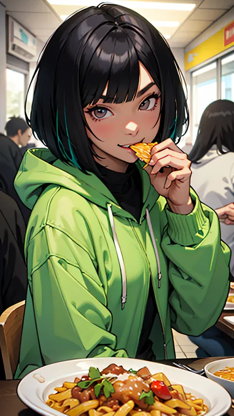 oversized hoodie, looking here, girl, one person, inner hair coloring, black hair, bob cut, light smile, skin fang, eat pasta, Put it in your mouth, eat with a fork, anime, Hmm, rough skin, advanced details, highest quality, High resolution, 8k
