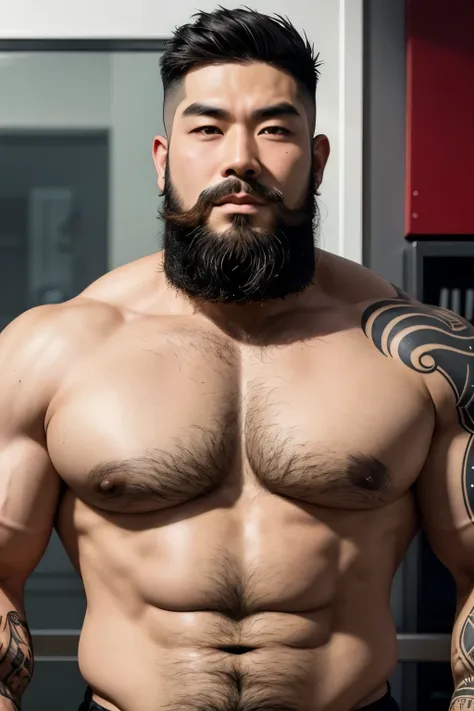 Create a chunky beard asian men, with pumped chest, tattoos