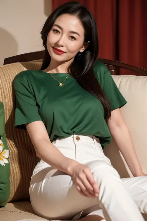 Draw lips correctly, red lipstick, from chest up, best quality, Super detailed, lifelike, Super fine skin, perfect anatomy, (1 日本Mature的女人), (alone)，Wear a green crew neck shirt，short sleeve，Golden necklace，，white jeans，wavy long hair，37-year-old female，Ma...