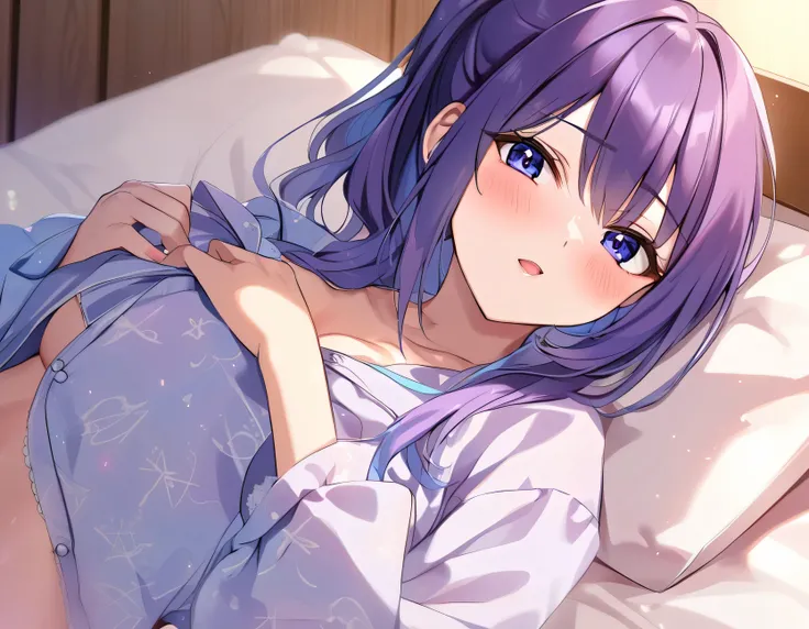 One anime girl , white, ,Bubble ponytail blue hair, in sexy pyjamas on bed , pillow 