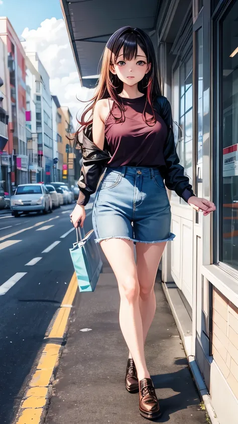 Beautiful anime girl in modern clothes in the city