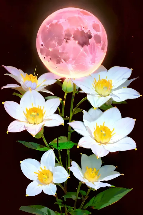 (red colored background), ring of fire, (all_white_flower) shiny, luminous_flower, beautiful, elegant, moonshine, moonlight, sci...