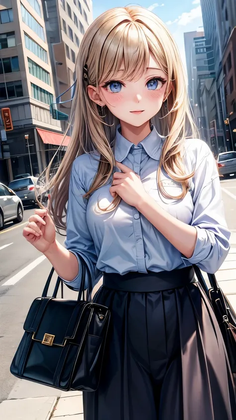 Beautiful anime girl in modern clothes in the city