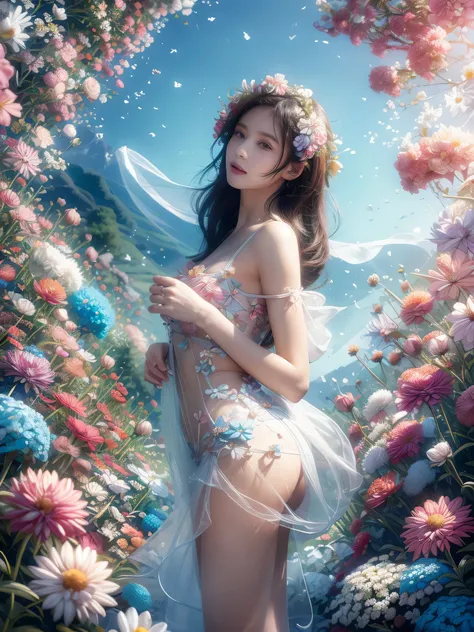 (Fashion magazine blockbuster:1.2),(attractive woman:1.3),(beautiful and delicate eyes:1.2),(Fashion clothing design:1.2),(Tulle texture:1.1),turquoise flowers,surrounded by flowers,Crystal clear dew,Fresh and elegant,(flowers blooming wildly:1.2),delicate...