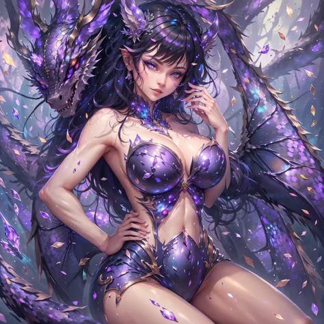 (best quality,4k,8k,highres,masterpiece:1.2), ultra-detailed, realistic, naked sexy dragon woman with violet glittering scales, skin is glittering amethyst purple scales, medium length black hair, very playful but mischievous smile, huge tits, gigantic bre...