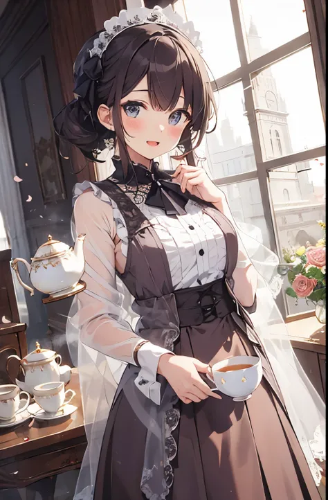 Illustration of Sakuta Izayoi,beautiful girl, white woman,, Western-style building, indoor, rose petals,tea,teatime,highest quality, masterpiece), intricate details, beautiful and detailed face, See-through, looking at the viewer, blush, open your mouth,, ...