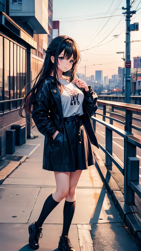 Beautiful anime girl with modern clothes in the city