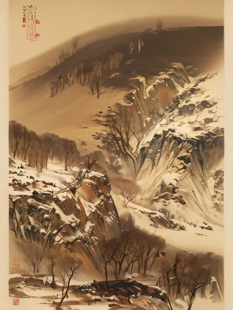 Loess plateau，snow scene，traditional Chinese painting