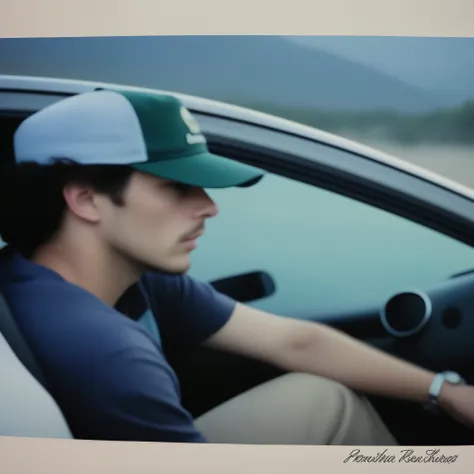 Hay un hombre sentado en un coche con un sombrero puesto, foto de baja calidad, imagen de muy muy baja calidad, bosque en el fondo, foto de baja calidadgraph, conduciendo, foto de perfil, foto de perfil, Foto de perfil, lo fi, sombrero verde, with mountain...