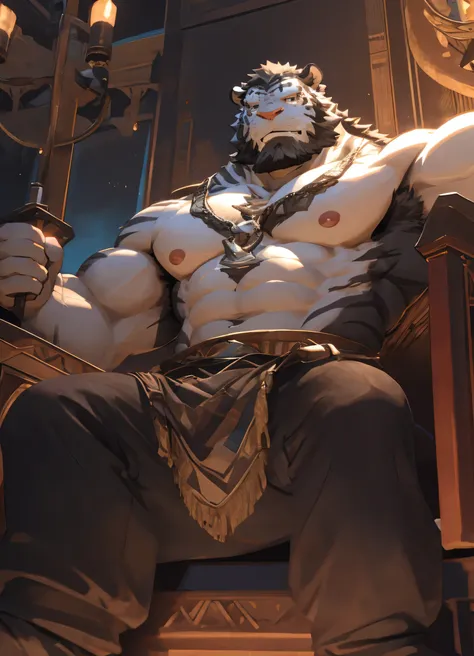 A white tiger orc sits on the throne；Naked from the waist down；The whole body is made of strong muscles；Eyes deep and powerful；The facial details are very detailed；middle aged；bottom-up perspective；white fur；black beard；Image quality and detail。