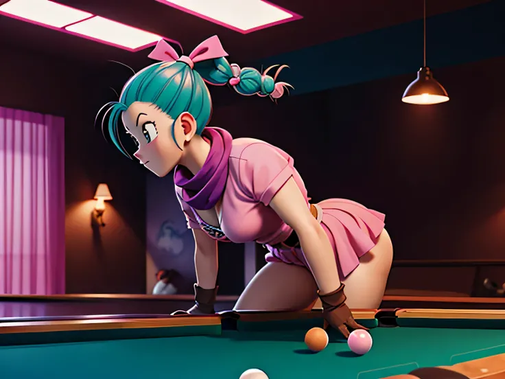 masterpiece, best quality, high resolution, dragon ball, blmpony, aqua hair, hair ribbon, braided ponytail, pink shirt, belt, scarf, pink skirt, clothes writing, brown gloves, medium breasts, in back pose, playing pool table, leaning on the pool table with...