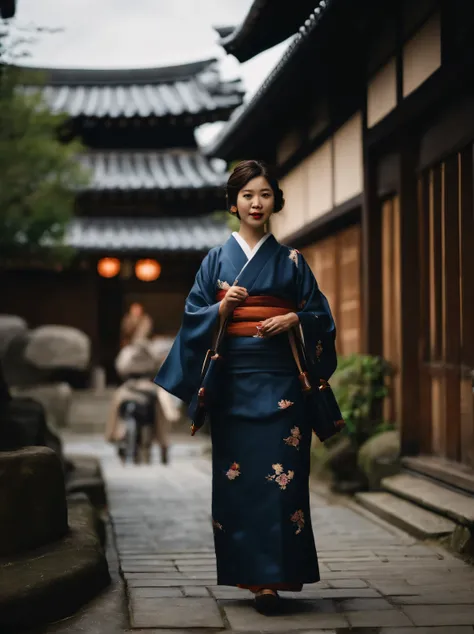 On the streets of Kyoto during the shogunate era，On the bluestone road beside the street，There is a Japanese girl，wearing kimono，light from the side，warm tones