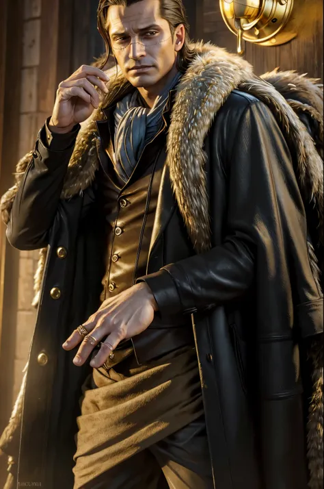 masterpiece, best quality, extremely detailed, hyperrealistic, photorealistic, a cool 40s man, ultra detailed face:1.1, fur-trimmed coat, scarf around the neck, his left hand is a golden pirate hook:1.1, reaching out a hand in here:1.2
